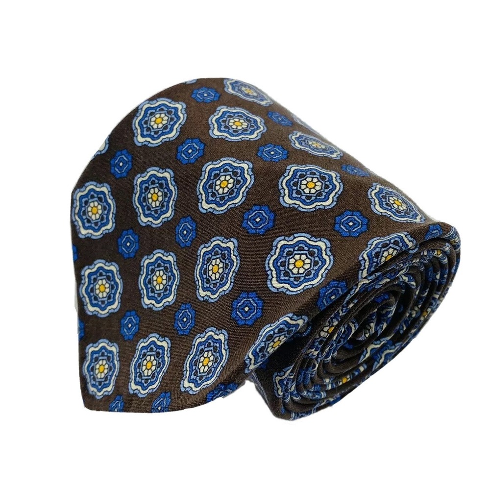 M.Ferretti Brown Blue Patterned Lightweight Pure Silk Tie 3 Inch Width NWT